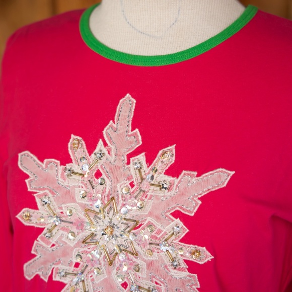 Vintage Y2K Michael Simon Beaded Snowflake Pink & Red Holiday Long Sleeve Shirt - Picture 3 of 16